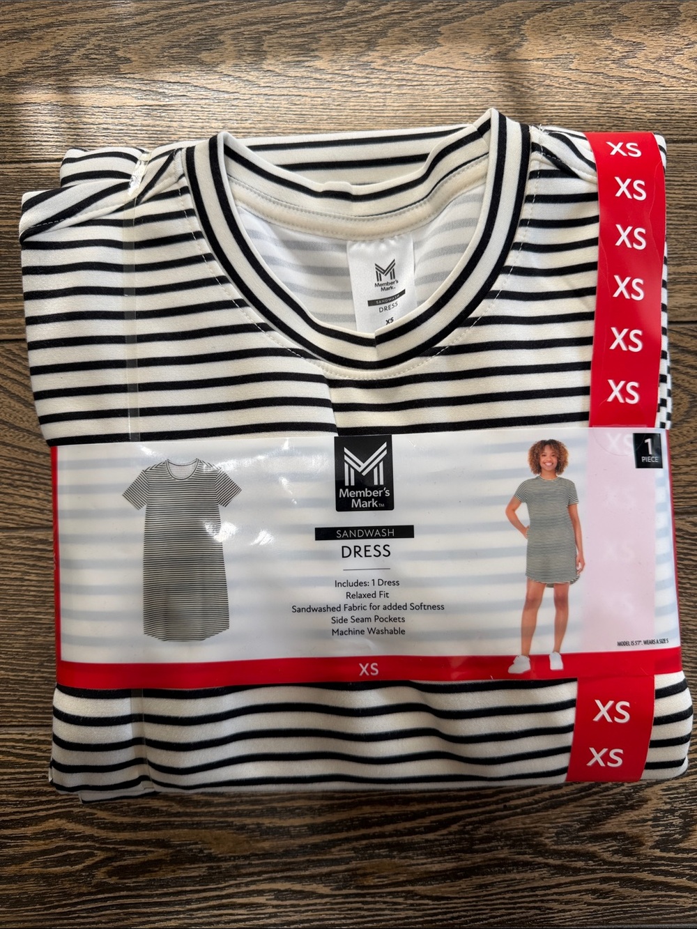 Member's Mark Black & White Striped Sandwash SunDress Relaxed Fit XS Side Pocket